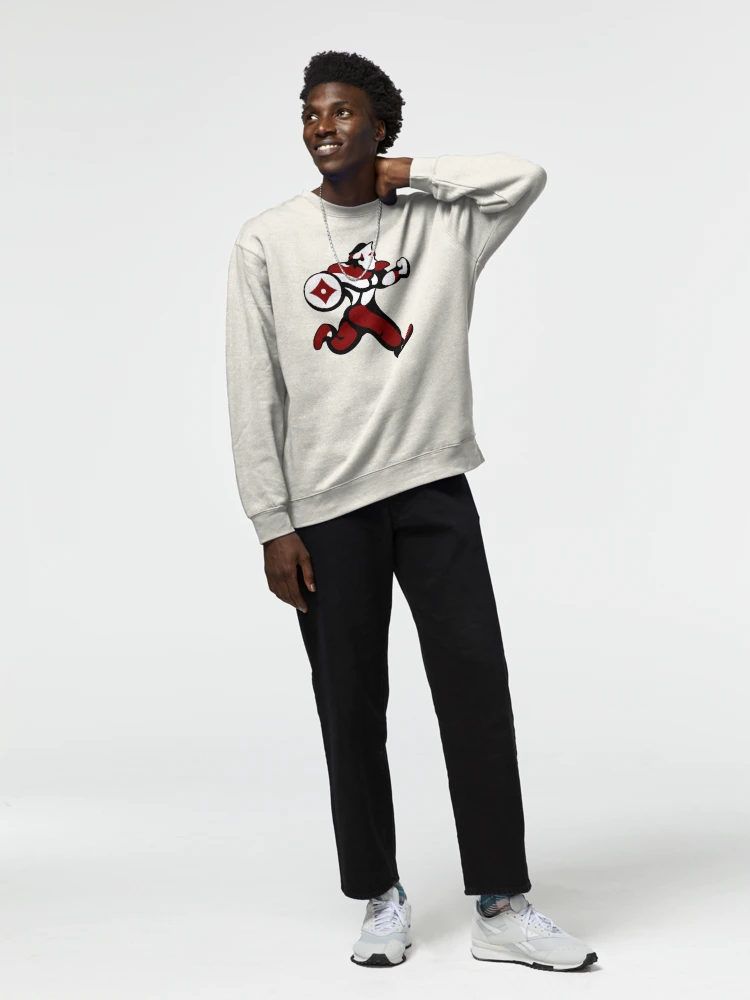 Homme qui porte un sweat gris clair avec le personnage Rygar rouge