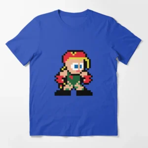 Tee-shirt bleu électrique Street Fighter avec le personnage Cammy en pixels rouge et jaune, de face