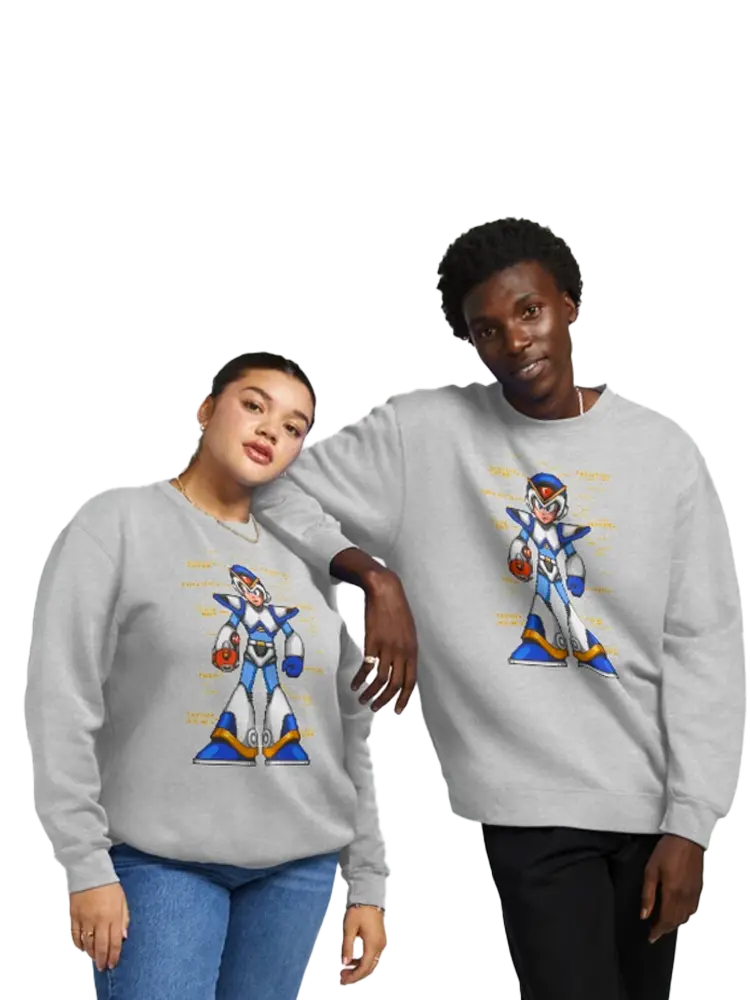 Couple qui porte le même sweat gris clair avec le personnage du jeu Megaman en pixels bleus et blancs